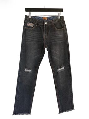 POL Straight Leg Distressed Jeans Size Medium 30” Waist Black Wash Plaid Details